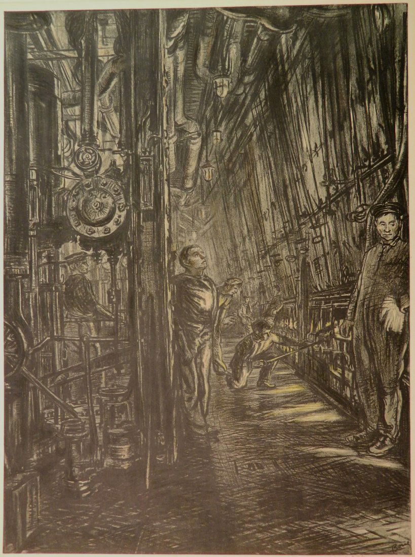 after Muirhead Bone collotype: after Muirhead Bone (British 1876-1953)- Stoking the Ship's Boilers- collotype with hand coloring, c. 1917, signed in pencil, with 'M.B.' blindstamp, mat burn. 22 1/2 x 16 3/4''