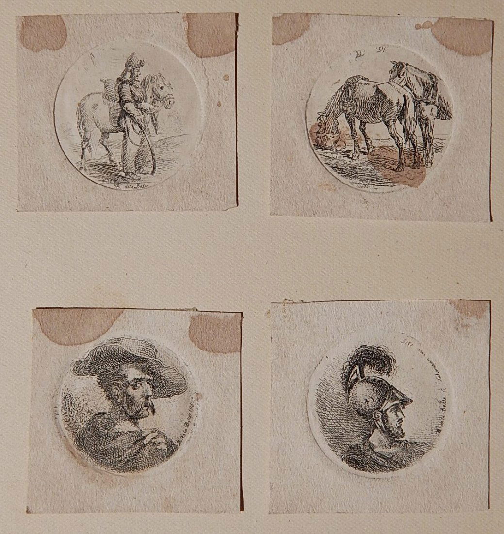 Stefano Della Bella 4 engravings: Stefano Della Bella (Italian 1610-1664)- Horses and Horsemen- 4 engravings (mounted on a sheet), trimmed, stained. 1 1/8'' dia. ea.