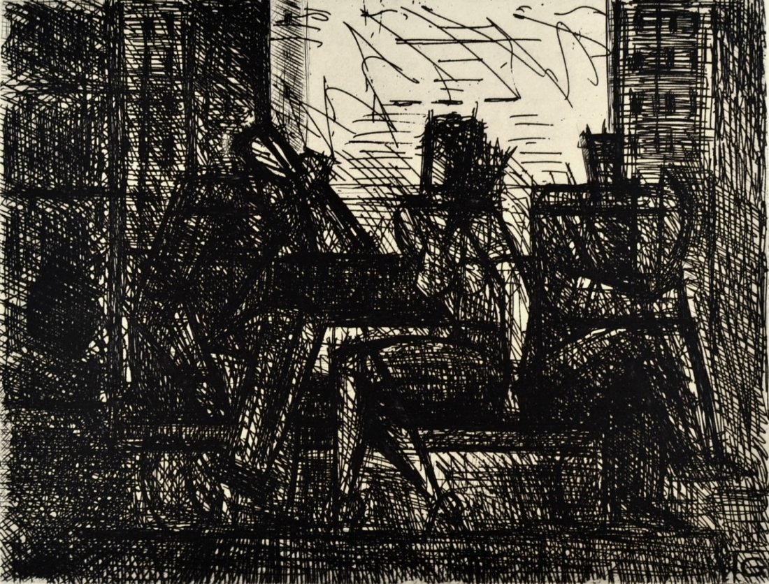 Marcel Gromaire etching: Marcel Gromaire (French 1892-1971)- Nude at Table by Window- etching, signed and numbered 15/110 in pencil, with blindstamp lower right margin. 7 7/8 x 10 1/8''