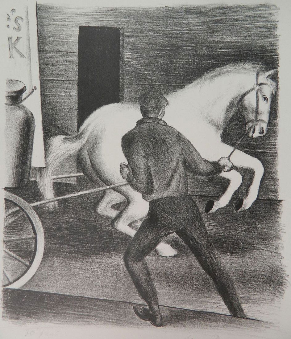 James Brooks lithograph: James Brooks (American 1906-1972)- Milk Cart Driver and Horse- lithograph, 1933, signed, dated and annotated '20 prints' in pencil, a WPA era lithograph by the noted New York Abstract Expressionist ea