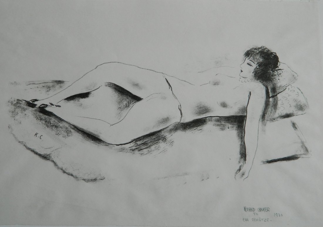 Konrad Cramer lithograph: Konrad Cramer (American 1888-1963)- ''Reclining Nude''- lithograph, 1930, signed, dated and annotated 'To Eva Schutze' in pencil, good coniditon. 9 x 14 1/2''