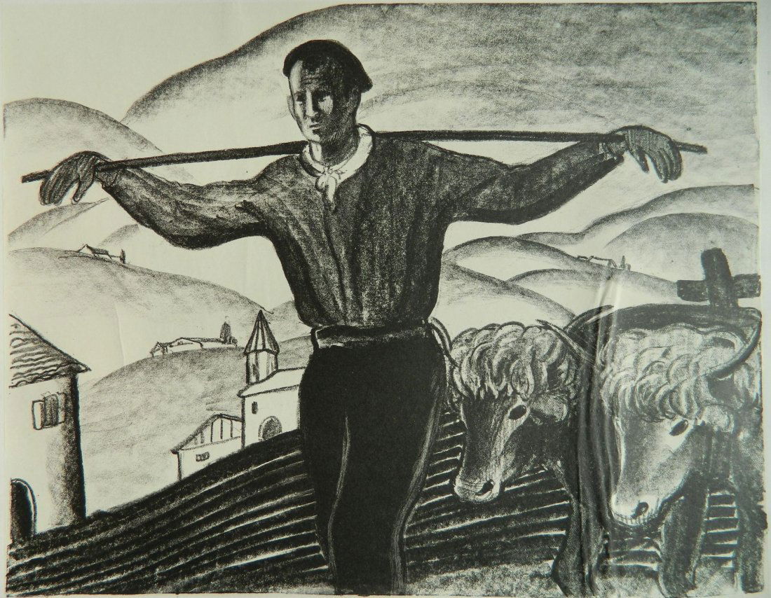Mabel Dwight lithograph: Mabel Dwight (American 1876-1955)- ''Basque Country'' (Robinson & Pirog 13)- lithograph on chine colle, 1927, signed, titled and dated in pencil, slightly light struck otherwise good condition. 10 x 1