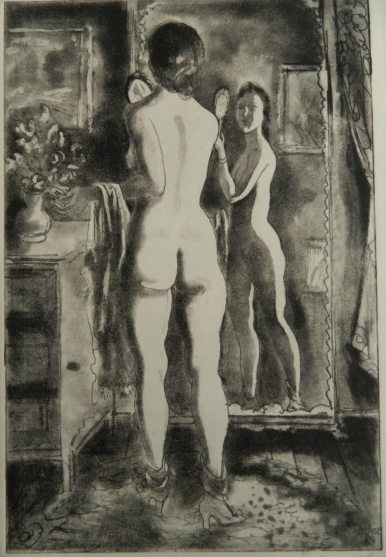 Emil Ganso soft ground etching and aquatint: Emil Ganso (American 1895-1941)- ''Nude With Mirror'' (Smith I-116)- soft ground etching and aquatint, 1930-31, signed in pencil, edition of 60, light toning and staining in margins, otherwise good co