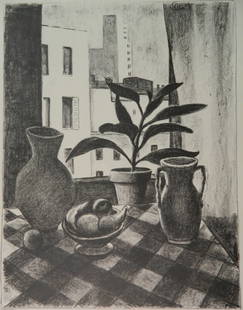 Samuel Halp;ert lithograph: Samuel Halpert (American 1884-1930)- ''Window''- lithograph, signed and numbered 19/50 in pencil, glue residue upper margin edge, verso; chip to upper left sheet corner. 14 3/8 x 11 1/8''