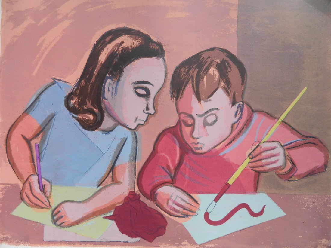 Joseph Leboit silkscreen: Joseph Leboit (American 1907-2002)- ''Curiosity''- silkscreen in colors, ca. 1935, signed and titled in pencil, stamped 'New York City WPA Art Project', soft creases upper right corner of image. 14 1/