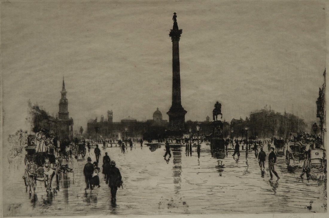 Joseph Pennell etching: Joseph Pennell (American 1857-1926)- ''Nelson Monument'' (Wuerth 143)- etching, 1887, signed in pencil, edition of 25 or less, slight mat burn and toning. 10 x 15''