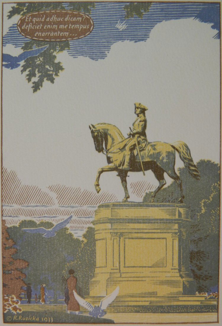 Rudolph Ruzicka wood engraving: Rudolph Ruzicka (Czech/American 1883-1978)- ''The Washington Monument in the Public Garden''- wood engraving in colors, 1933, signed in pencil. 5 1/4 x 3 1/2''
