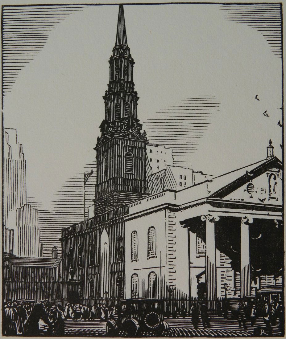 Rudolph Ruzicka wood engraving: Rudolph Ruzicka (Czech/American 1883-1978)- St. Paul's Chapel, New York- wood engraving, signed in pencil. 5 7/8 x 5''
