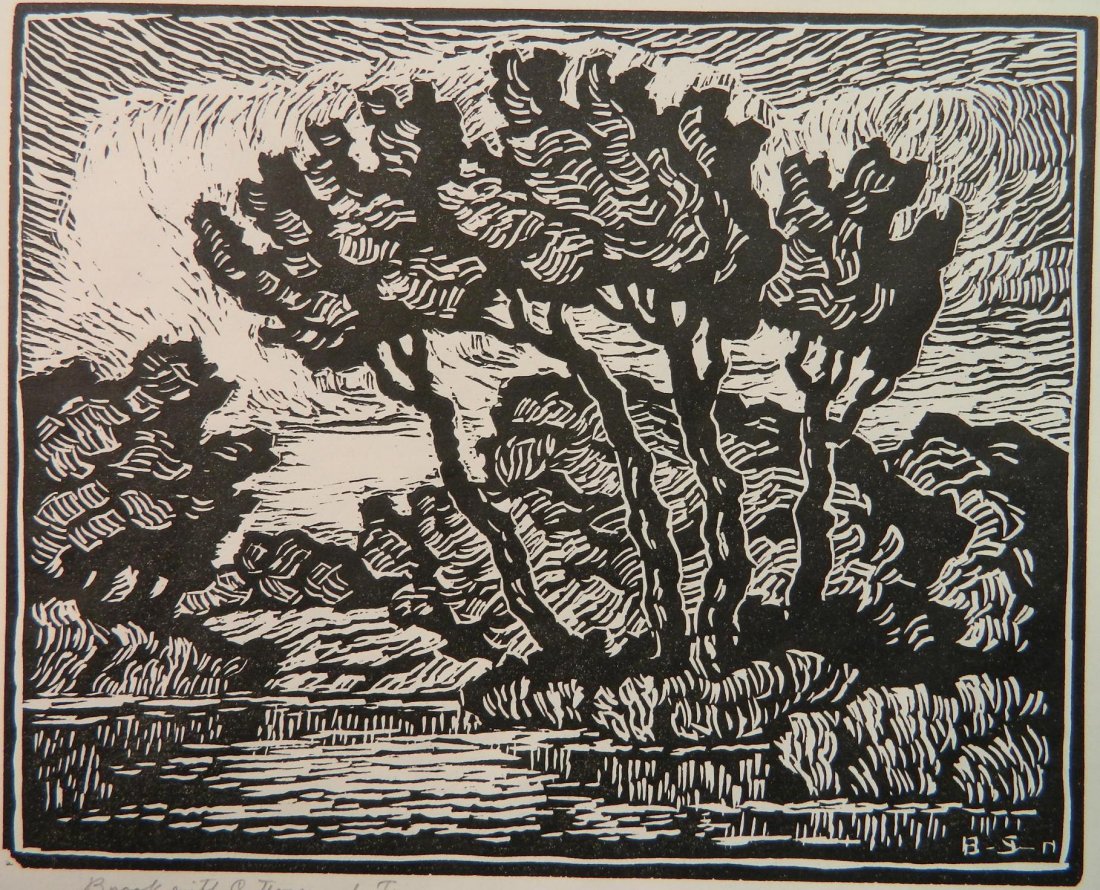 Birger Sandzen linocut: Birger Sandzen (Swedish/American 1871-1954)- ''Brook with Cottonwood Trees''- linocut, 1934, signed and titled in pencil. 7 x 8 3/4''