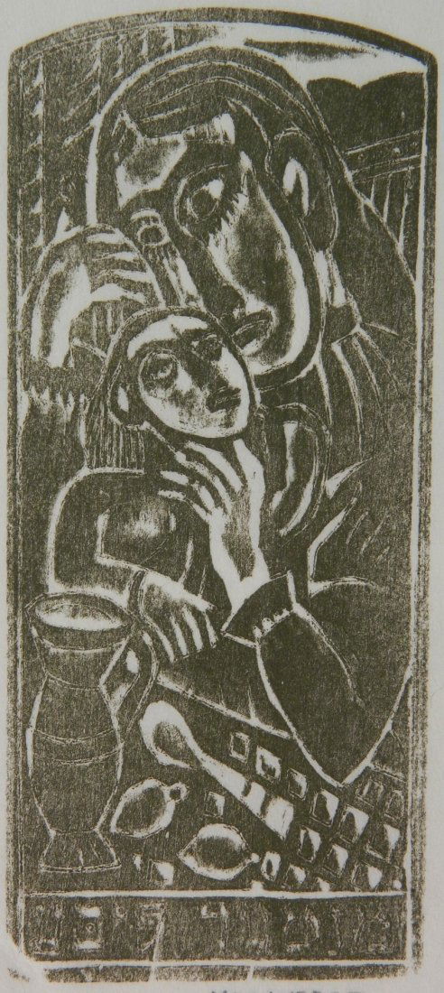 Max Weber woodcut: Max Weber (Russian/American 1881-1961)- ''Mother Love'' (Rubenstein 35)- woodcut, 1926, signed in pencil, small edition, very good condition. 4 7/8 x 2 1/8''