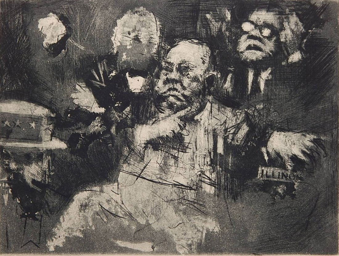 Jack Levine aquatint: Jack Levine (American 1915-2010)- ''The Daley Gesture'' (Prescott and Prescott 53)- aquatint, 1969, signed and numbered 69/120 in pencil, slightly light struck and age toned, tape residue verso. 9 x 1