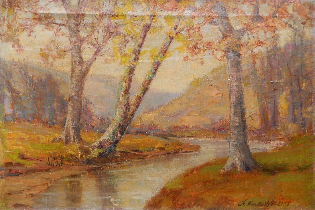 Charles William Duvall oil: Charles William Duvall (American 1864-1966)- Fall Landscape- oil on canvas, 1938, signed Ch. Wm. Duvall 1938 lower right, some areas of paint flaking. 20 x 30''