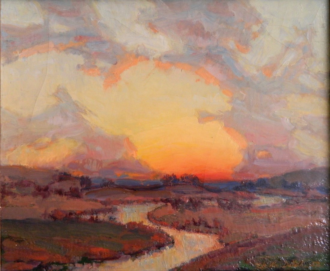 Charles William Duvall oil: Charles William Duvall (American 1864-1966)- Landscape at Sunset- oil on canvas, 1952, singed Ch. Wm. Duvall 52 lower right, some cracking to paint surface. 20 x 24''