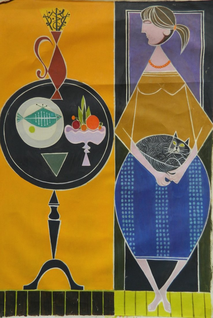 John Ulbricht oil: John Ulbricht (American 1926-2006)- Woman in Chair with Cat- oil on canvas. 44 x 30''