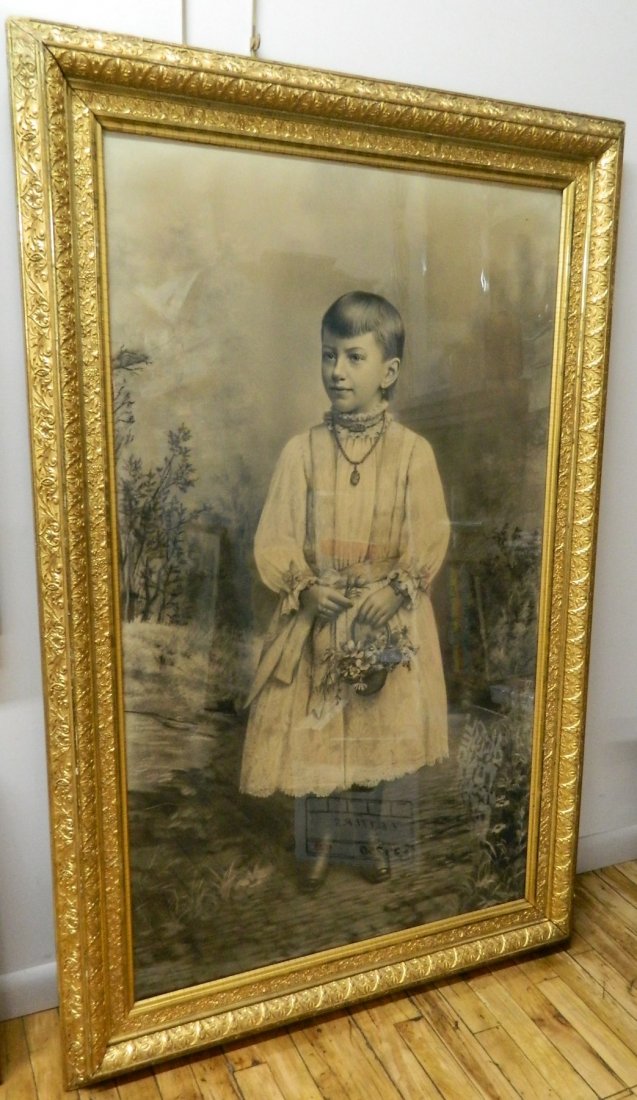 19th c. American School charcoal: 19th c. American School- Young Girl with Flowers- charcoal on paper. 51 x 30''