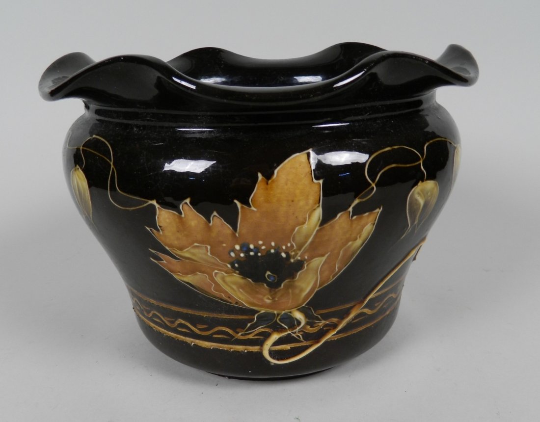 Art Nouveau style pottery jardiniere: Art Nouveau style pottery jardiniere, marked Dresden 55 on bottom, ruffled edge. 7''h, 6''dia.