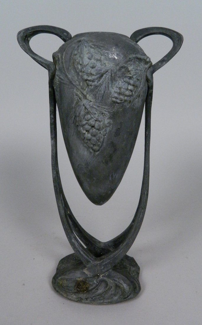 Pewter Art Nouveau cemetary urn: Pewter Art Nouveau cemetary urn, pine cone motif, Paris foundry mark. 11 1/4''