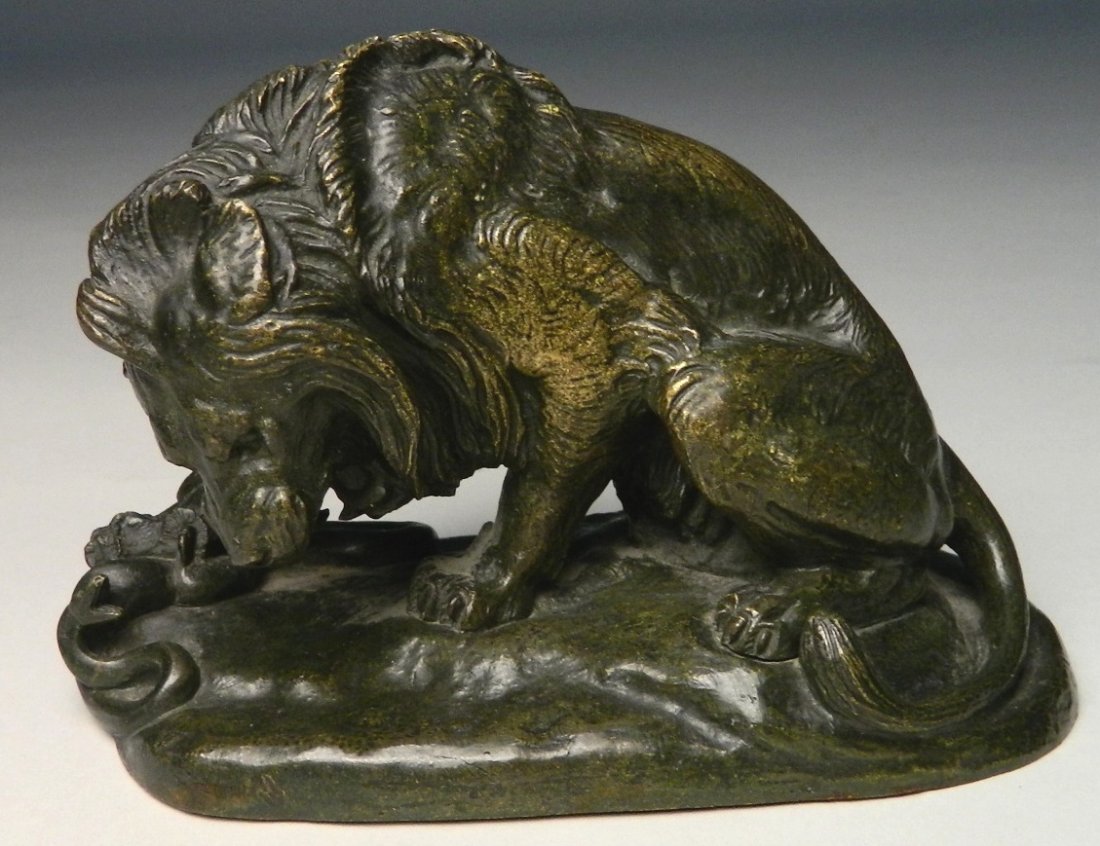 Antoine-Louis Bayre bronze sculpture: Antoine-Louis Bayre (French 1795-1875)- Lion and Snake- bronze sculpture, signed Bayre. 4''h