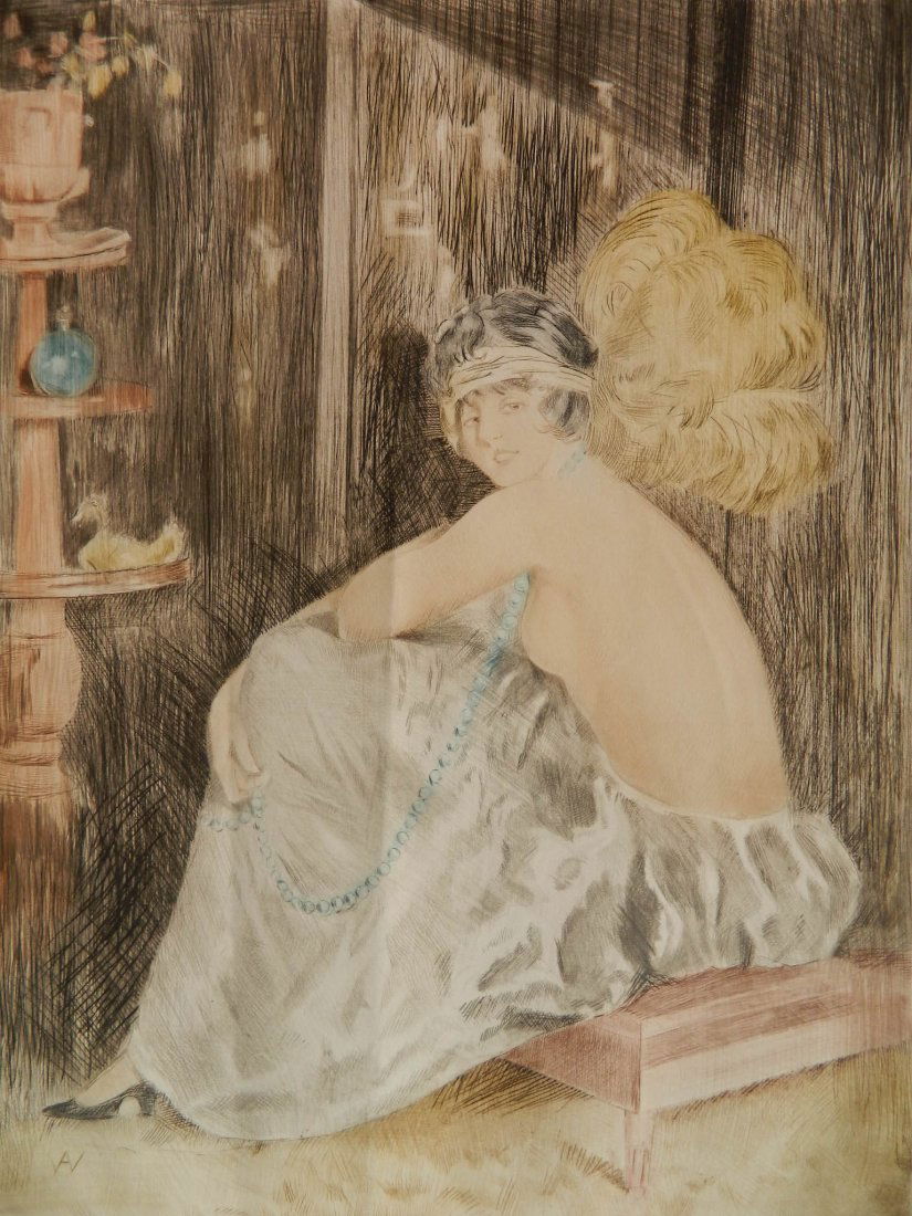 William Ablett 2 aquatints: William Ablett (French 1877-1927)- Woman with Pearls; Woman in Blue Dress- 2 aquatints in colors, posthumous printing, soft vertical creasing through one. 25 x 19''