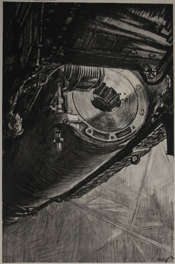 Muirhead Bone lithograph: Muirhead Bone (Scottish 1876-1953)- ''Night Work on Breech of A Great Gun''- lithograph, 1917, signed in pencil. 20 3/4 x 13 3/4''