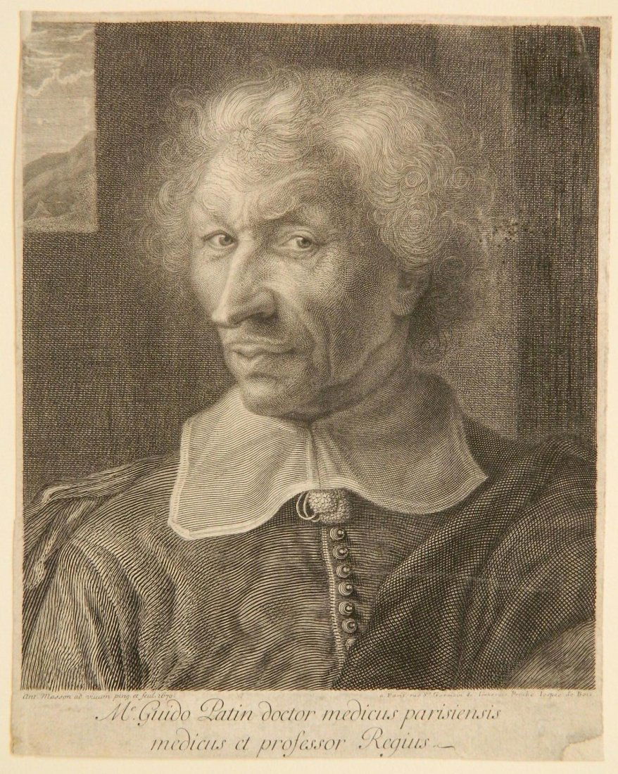 Antoine Masson 2 engravings: Antoine Masson (French 1636-1700)- Portrait of Guido Patin; Portrait of Henri de Lorraine, Count of Harcourt''- 2 engravings, some soiling, margins appear trimmed. 7 7/8 x 6 3/4''; 19 7/8 x 15 3/4''