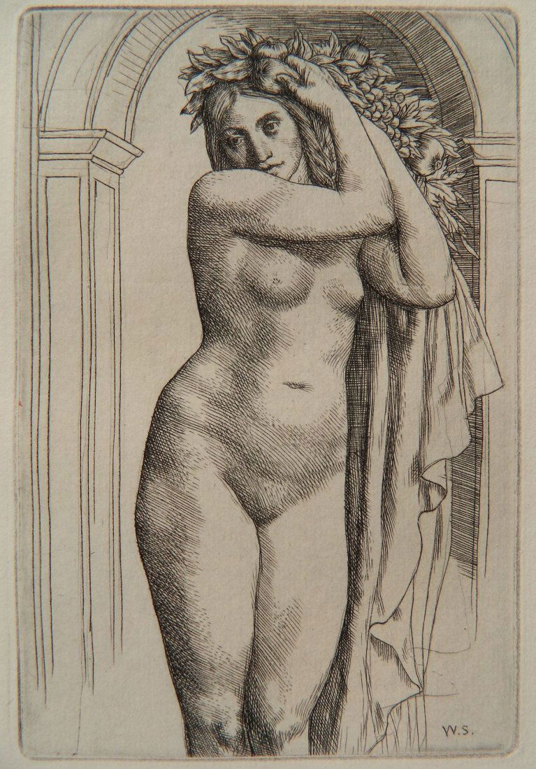 William Strang engraving: William Strang (Scottish 1859-1921)- Female Nude- engraving, good condition. 5 7/8 x 3 7/8''