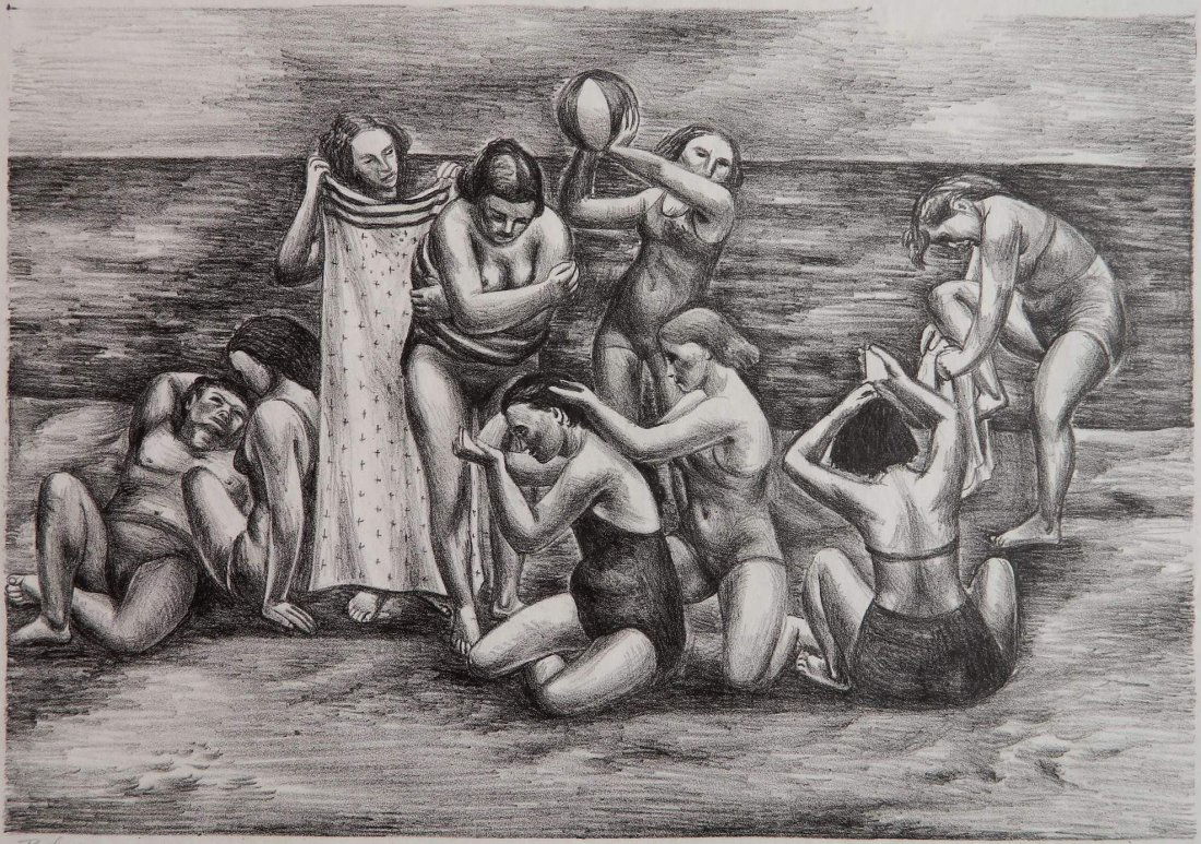 Edgar Britton lithograph: Edgar Britton (American 1901-1982)- ''Bathers''- lithograph, signed and titled in pencil, small tape stains upper margin corners, well away from image. 8 7/8 x 12 5/8''