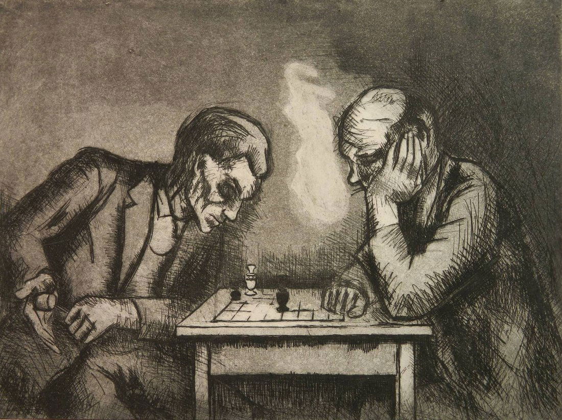 Joseph Leboit aquatint: Joseph Leboit (American 1907-2002)- ''Chess Players''- aquatint, ca. 1935, signed and titled in pencil. 10 3/4 x 14 1/2''