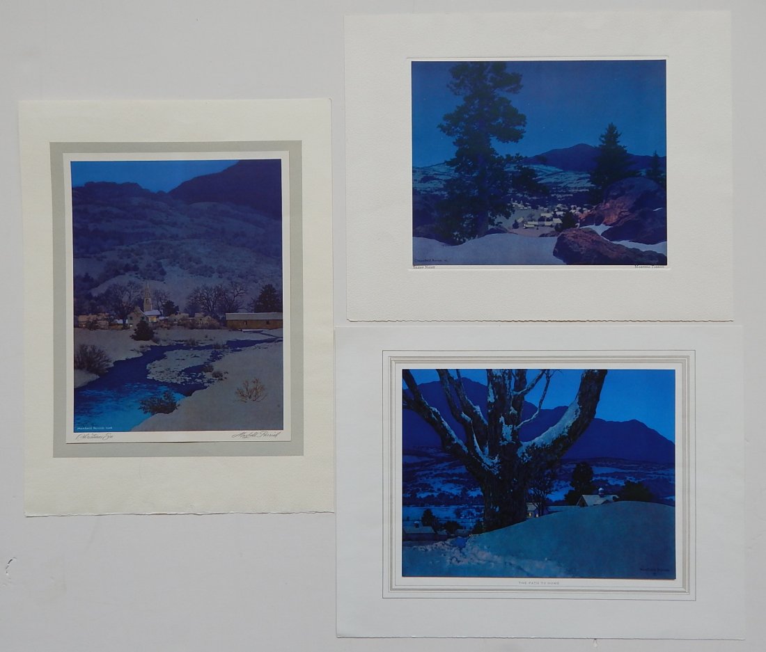 Maxfield Parrish tintogravure: Maxfield Parrish (American 1870-1966)- ''Peaceful Night''; ''Lights of Welcome''; ''Christmas Eve'' (2); ''The Path to Home''; ''Silent Night''- tintogravure, very good condition. 10 1/2 x 8''; 8 1/4