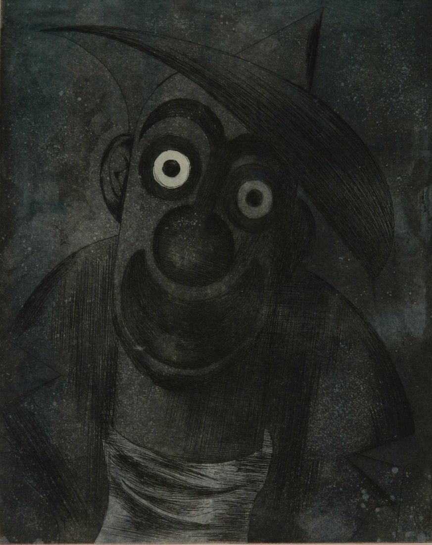 Augustus Peck aquatint: Augustus Peck (American 1906-1975)- Blue Clown- aquatint in colors, ca. 1935, signed and titled in pencil, stamped 'Federal Art Project / NYC WPA', slightly light struck, soiling in margins. 15 x 12''