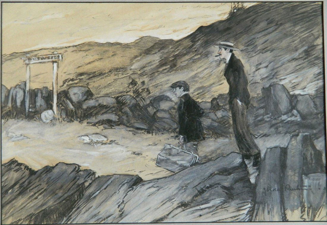 James Preston charcoal and gouache: James Preston (American 1873-1962)- Travelers on A Road- charcoal and gouache on paper, signed lower right. 12 1/4 x 18''