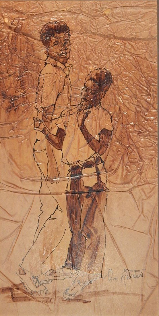 Don Robertson watercolor and pen and ink: Don Robertson (American 20th c.)- Two Boys- watercolor and pen and ink on paper, signed Don Robertson lower right. 18 3/4 x 9 1/2''