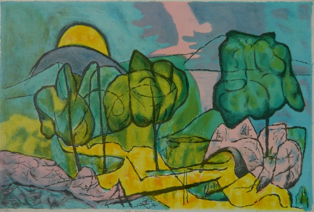 David Shapiro lithograph: David Shapiro (American 20th c.)- The Moon Rises- lithograph in colors, signed and numbered 11/90 in pencil. 15 3/4 x 24''