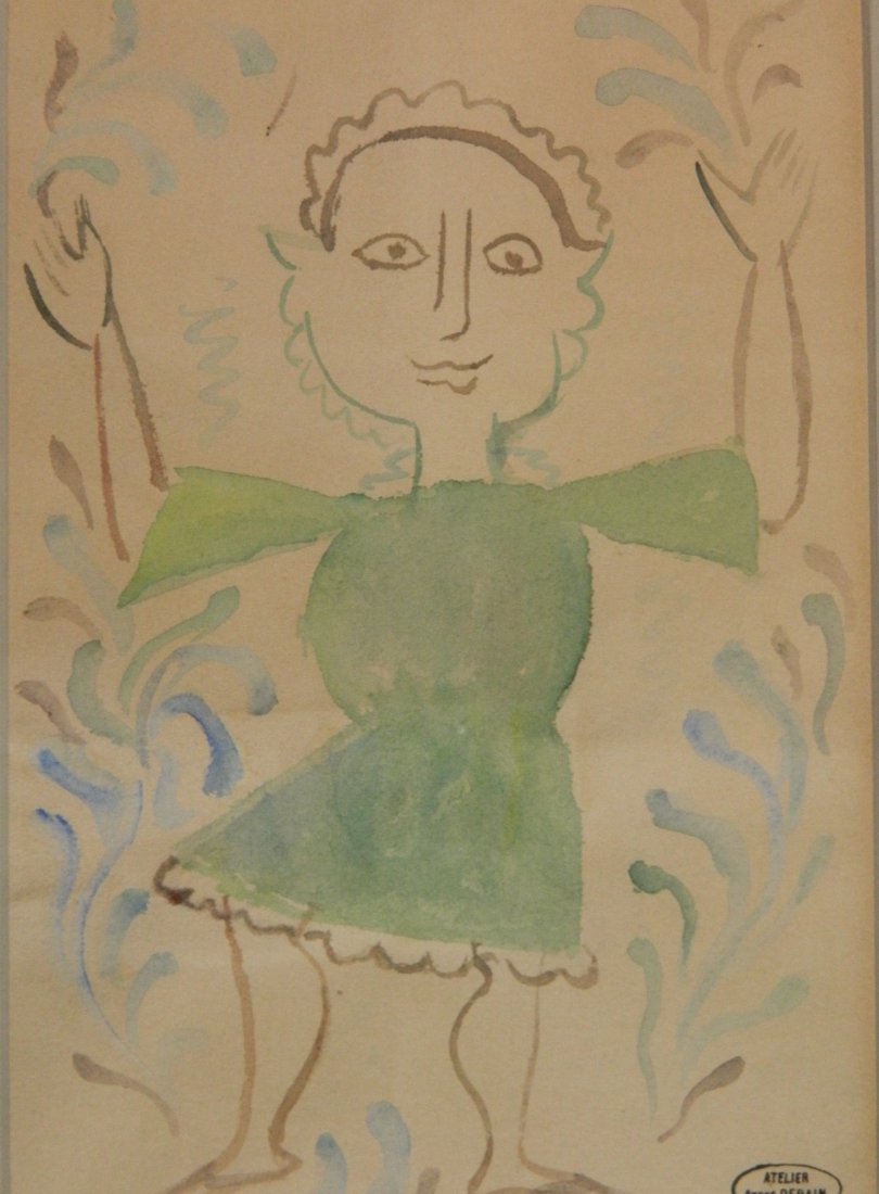 Andre Derain watercolor: Andre Derain (French 1880-1954)- Female Figure in Green Clothes- watercolor on paper, atelier stamp lower right. 10 1/4 x 6 3/4''