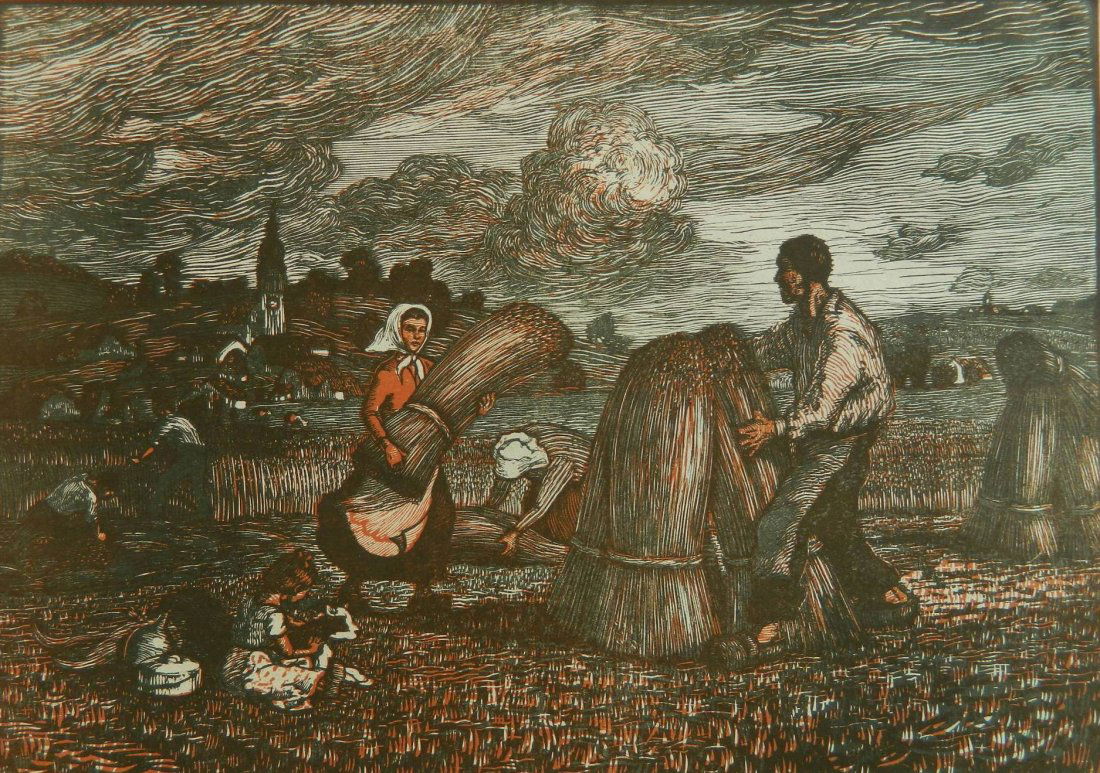 Paul Emile Colin wood engraving: Paul Emile Colin (French 1867-1949)- ''Les Meulettes''- wood engraving in colors, 1904, signed and numbered 5/50 in pencil, old tape residue along upper edge verso, minor foxing. 6 3/4 x 9 3/8''