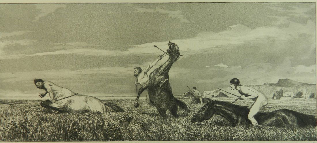 Max Klinger etching and aquatint: Max Klinger (German 1857-1920)- ''Pursued Centaur'' (Singer 54 ii/II)- etching and aquatint on chine colle, 1881, minor handling creases on sheet edges, otherwise good condition. 6 1/2 x 14 3/4''