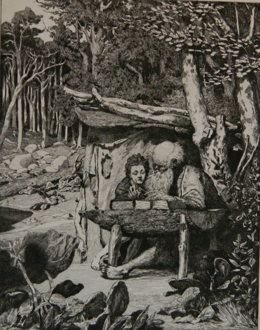 Max Klinger etching: Max Klinger (German 1857-1920)- ''Simplici Schreibstube'' (Singer 58)- etching, 1818, from Intermezzi, Opus IV, III, very good condition. 9 x 11 3/8''