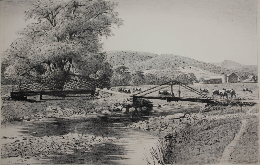 Stow Wengenroth pen and ink: Stow Wengenroth (American 1906-1978)- ''Vermont Pasture''- pen and ink on illustration board, 1965, signed Stow Wengenroth in pen lower left, drawing for lithograph (Stuckey 302), part of board remove