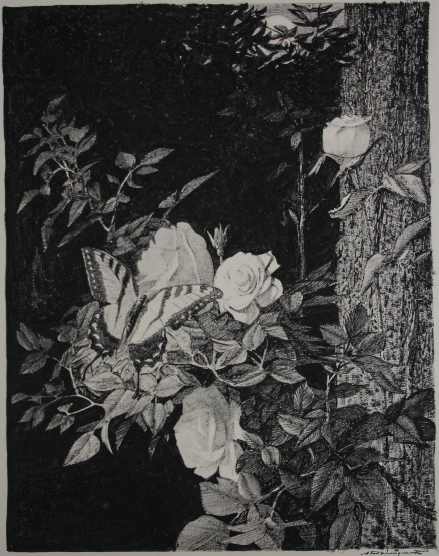 Stow Wengenroth pen and ink: Stow Wengenroth (American 1906-1978)- ''Memory''- pen and ink on illustration board, 1971, signed Stow Wengenroth lower right, original study for lithograph (Stuckey 336), very good condition. 19 5/8 