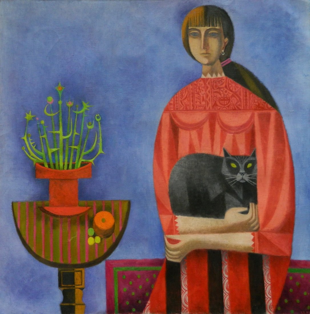 John Ulbricht oil: John Ulbricht (American 1926-2006)- Woman Holding Cat- oil on canvas, signed Ulbricht lower right. 36 x 36''