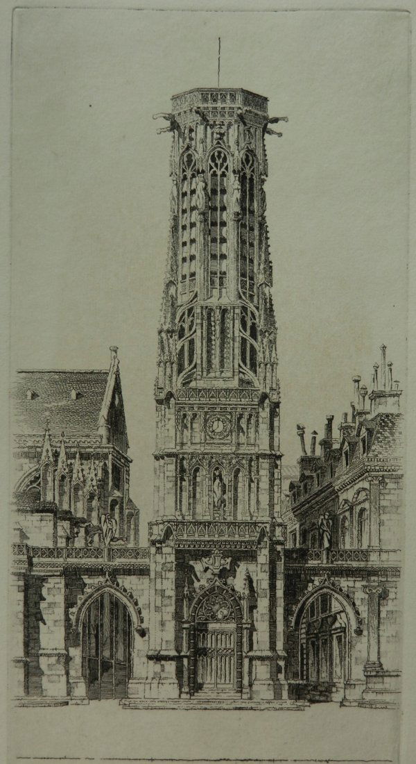 John Taylor Arms etching: John Taylor Arms (American 1887-1953)- ''Saint Germain L'Auxerrois, Paris'' (Fletcher 215)- etching, 1928, signed and dated in pencil, blindstamped 'Chicago Society of Etchers' lower left, French Chur