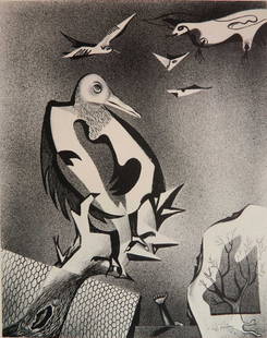 Leon Bibel lithograph: Leon Bibel (American 1912-1995)- ''Queer Birds''- lithograph, 1935-43, signed and titled in pencil, stamped 'New York City WPA Art Project', very good condition. 13 1/4 x 10 3/8''