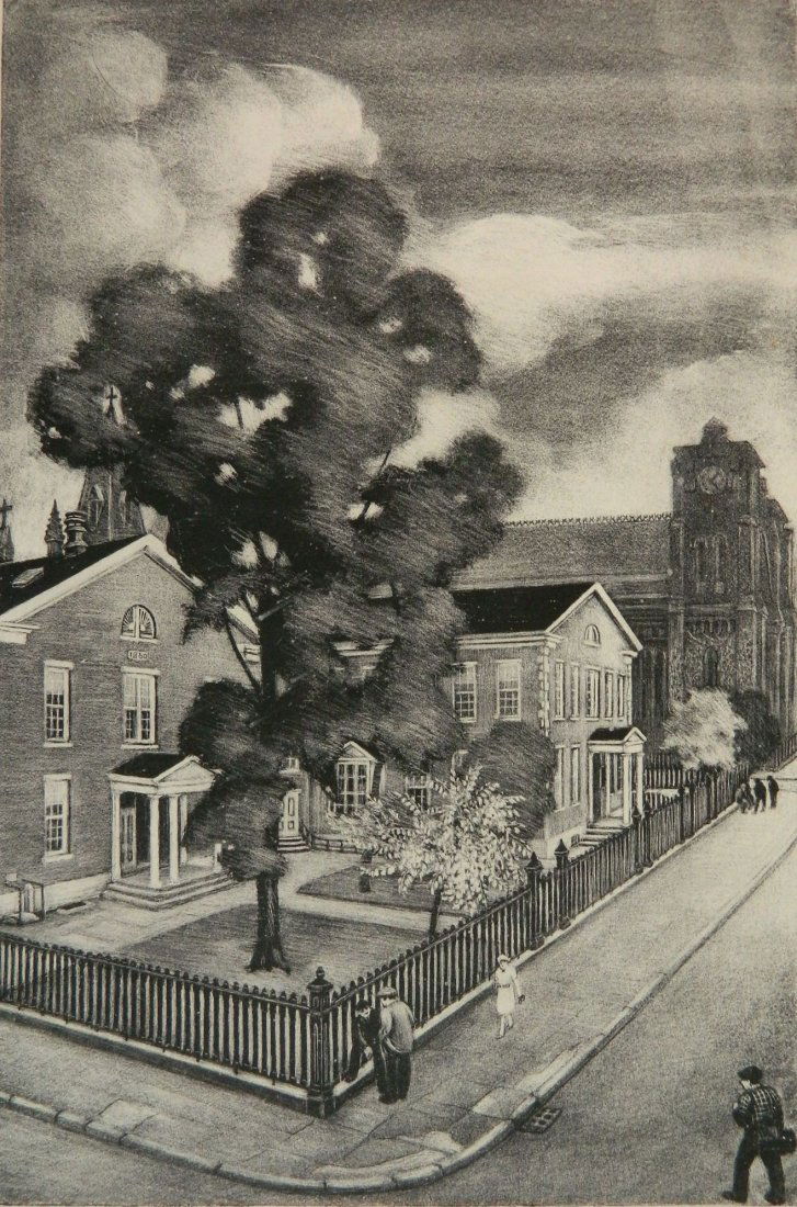 Mabel Dwight lithograph: Mabel Dwight (American 1876-1955)- ''Friends Meeting House'' (Robinson and Pirog 99)- lithograph, 1939, signed in pencil, stamped 'Federal Art Project / NYC WPA', staining and soiling in margins. 13 3