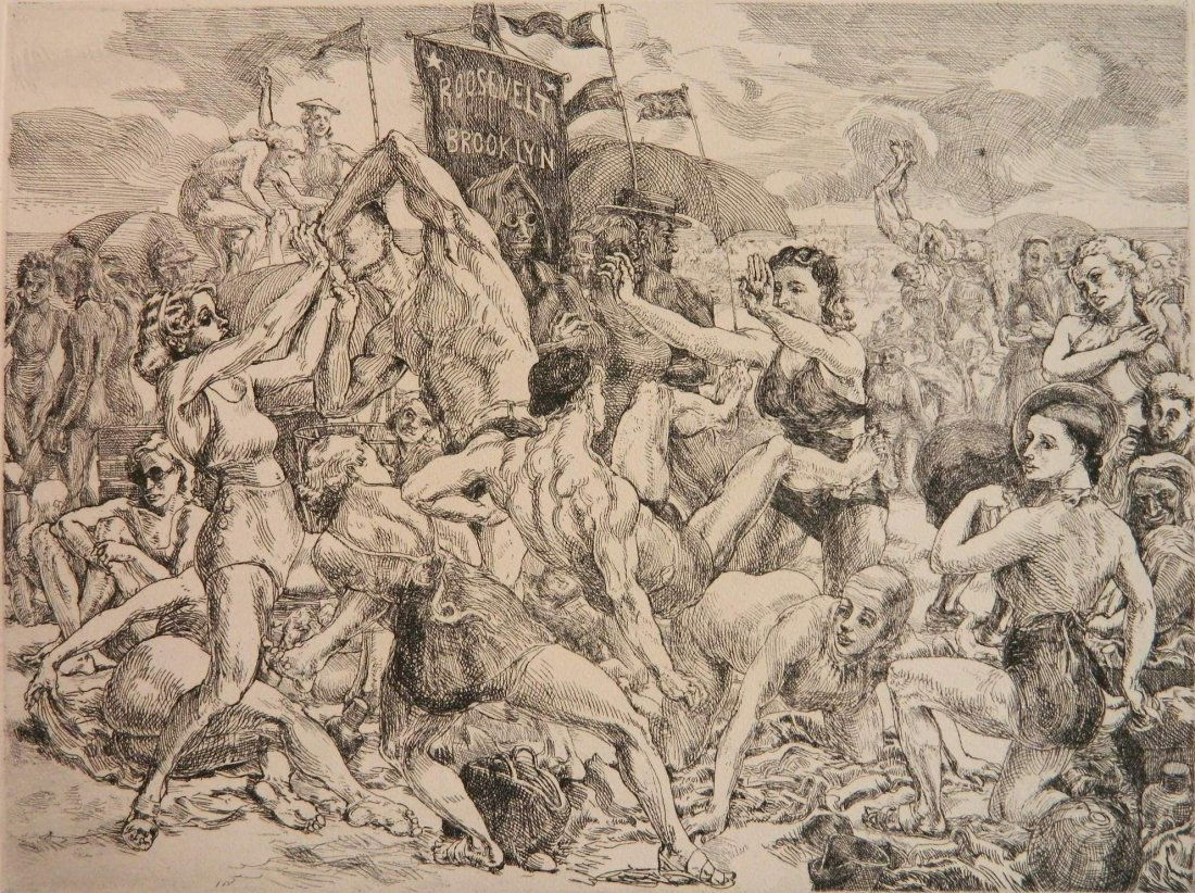 Reginald Marsh etching: Reginald Marsh (American 1898-1954)- ''Coney Island'' (Sasowsky 159)- etching, ca. 1936, edition of about 200, published by AAG, slight mat burn. 9 x 11 7/8''