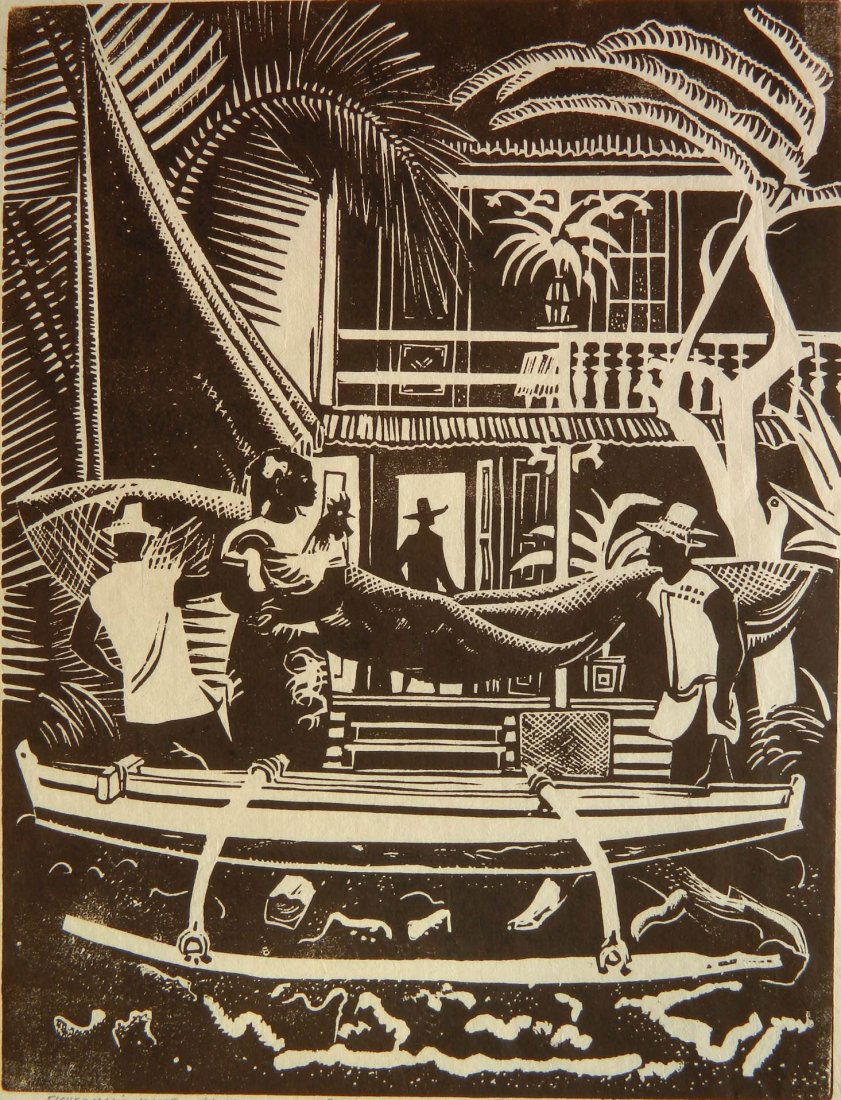 Millard Sheets woodcut: Millard Sheets (American 1907-1989)- ''Fisherman's House, Hawaii''- woodcut, 1950, signed, dated, titled and numbered 8/75, very good condition. 11 5/8 x 8 7/8''