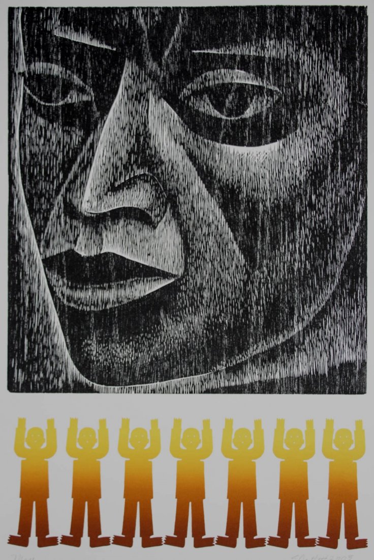 Elizabeth Catlett woodcut: Elizabeth Catlett (American 1915-2012)- ''Man''- woodcut and linocut in colors, 1975, signed in pencil, printed in 2003 in an edition of 250, The Print Club of Cleveland publication no. 83 for 2005, v