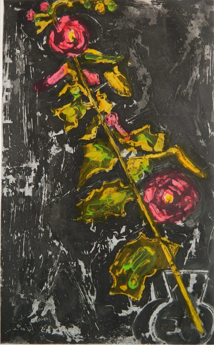 John Walker etching with hand-coloring: John Walker (American 20th c.)- ''Diagonal Hollyhocks''- etching with hand-coloring, 2003, signed, dated and numbered 96/200 in pencil, The Print Club of New York presentation print for 2003, very goo