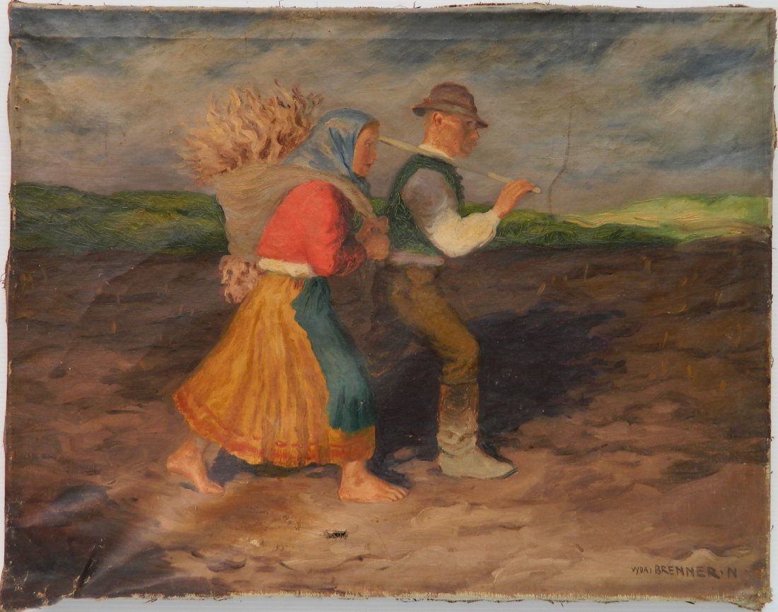 Nandor Viday Brenner oil: Nandor Viday Brenner (Hungarian 1933-1944)- Peasants in Field- oil on canvas, signed, as is. 24 x 30''