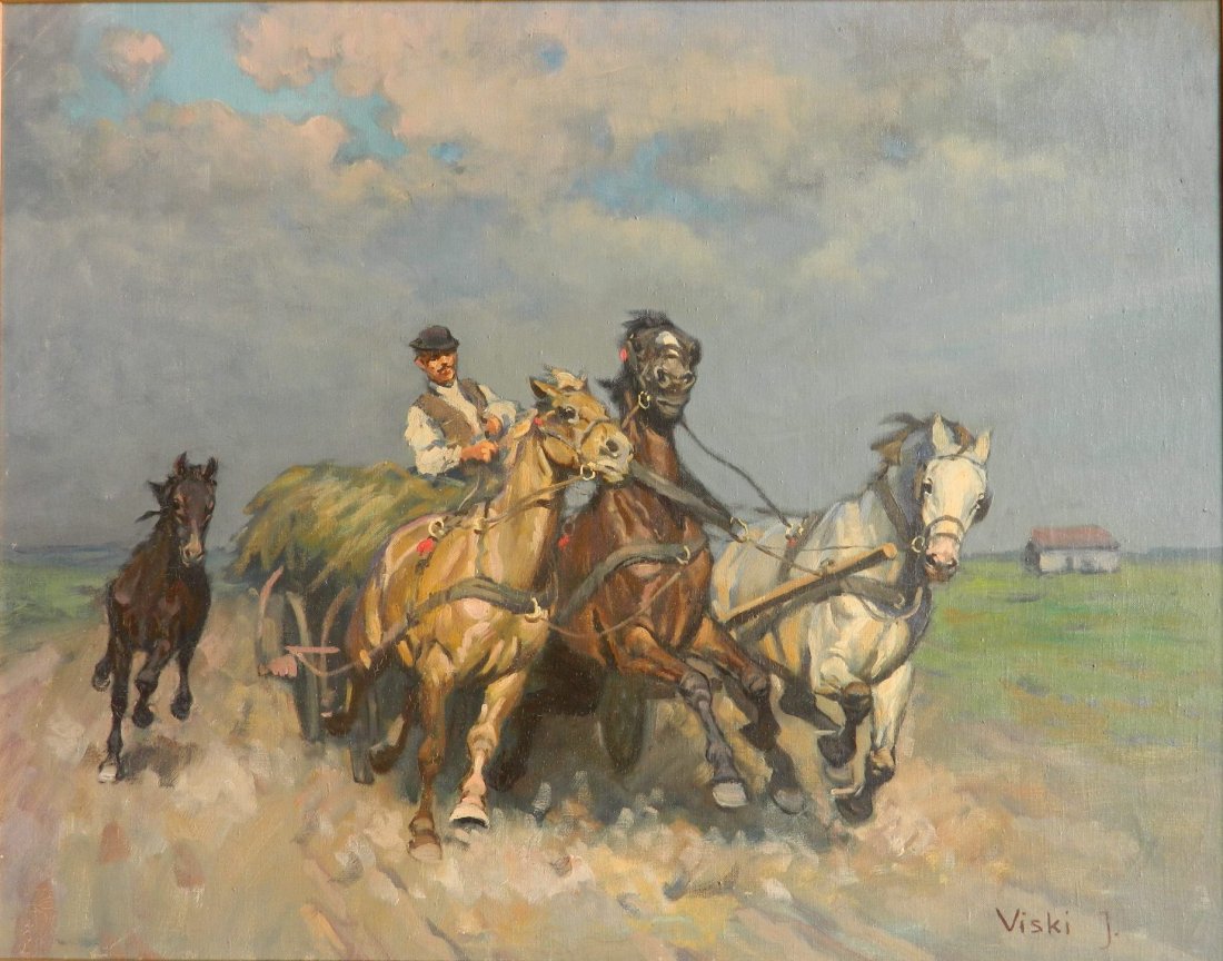 Jean Viski oil: Jean Viski (American/Hungarian 1891-1965)- Man with Horses and Cart- oil on canvas, signed Viski J. lower right, minor craquelure. 30 1/2 x 38 1/2''