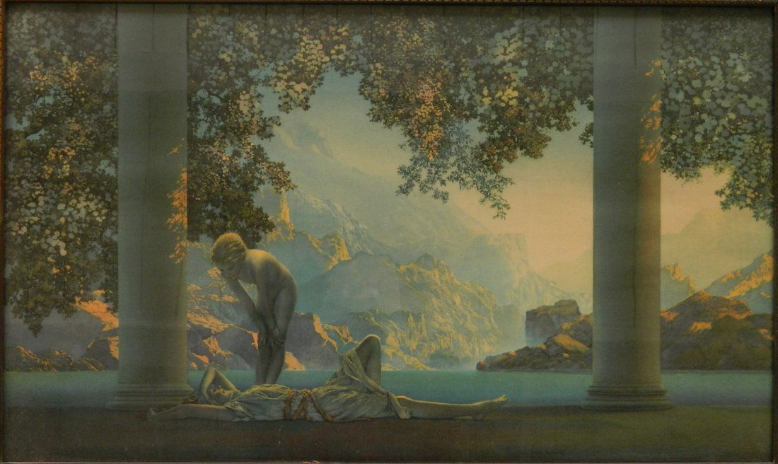 Maxfield Parrish chromolithograph: Maxfield Parrish (American 1870-1966)- ''Daybreak''- chromolithograph, some fading and discoloration. 18 x 30''